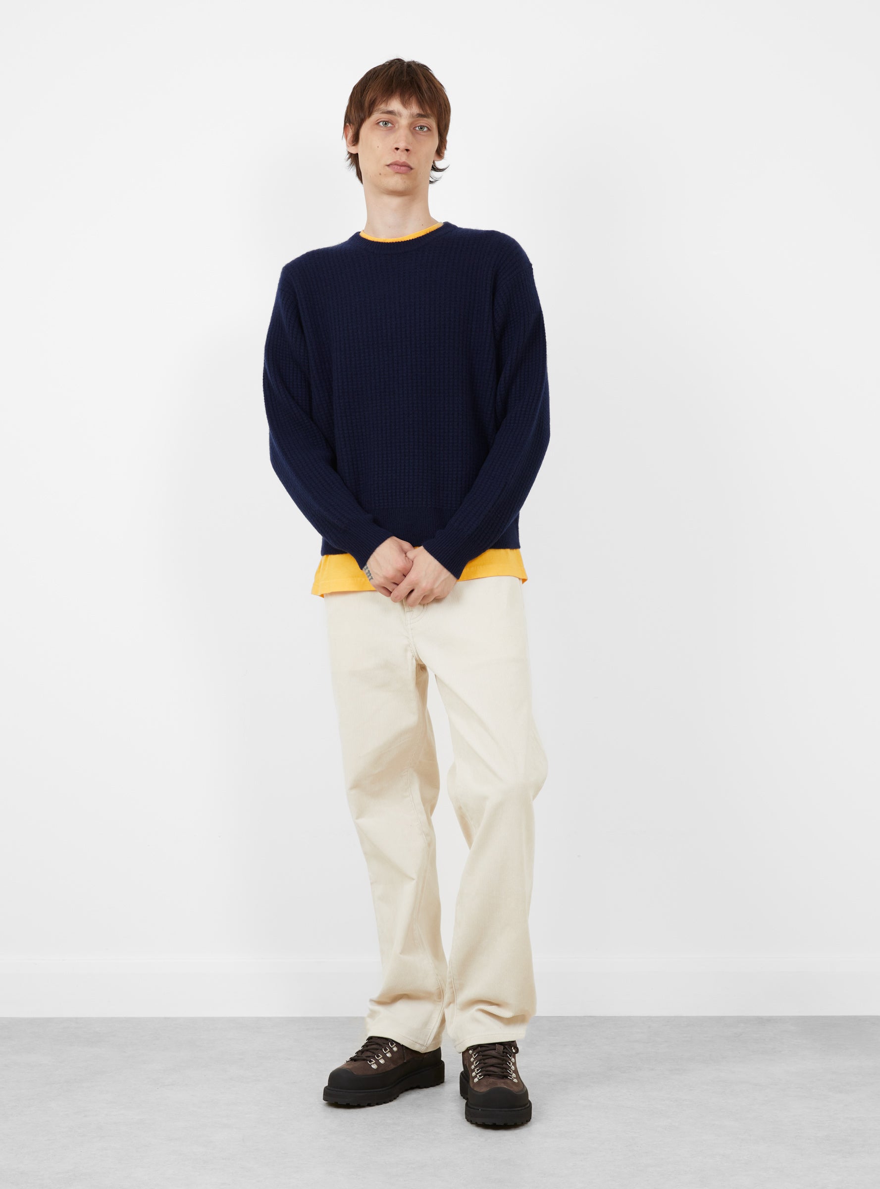 Waffle Cashmere Sweater Deep Navy Stussy (model front) at Couverture & The Garbstore