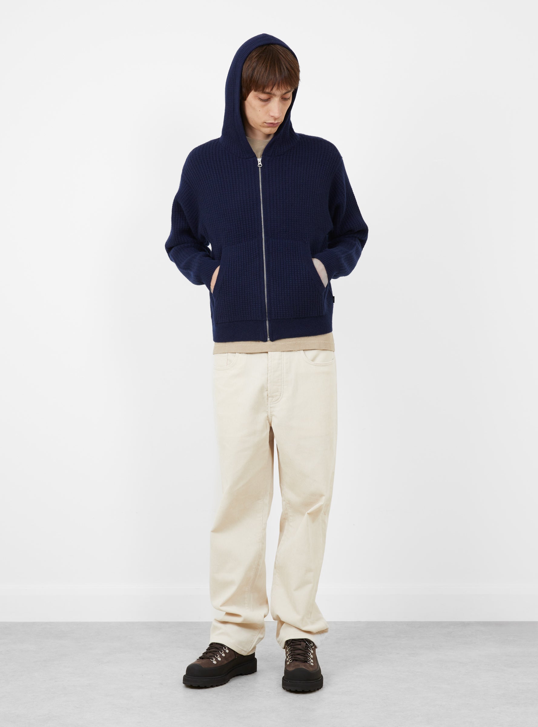 Waffle Cashmere Zip Hoodie Deep Navy Stussy (model front) at Couverture & The Garbstore