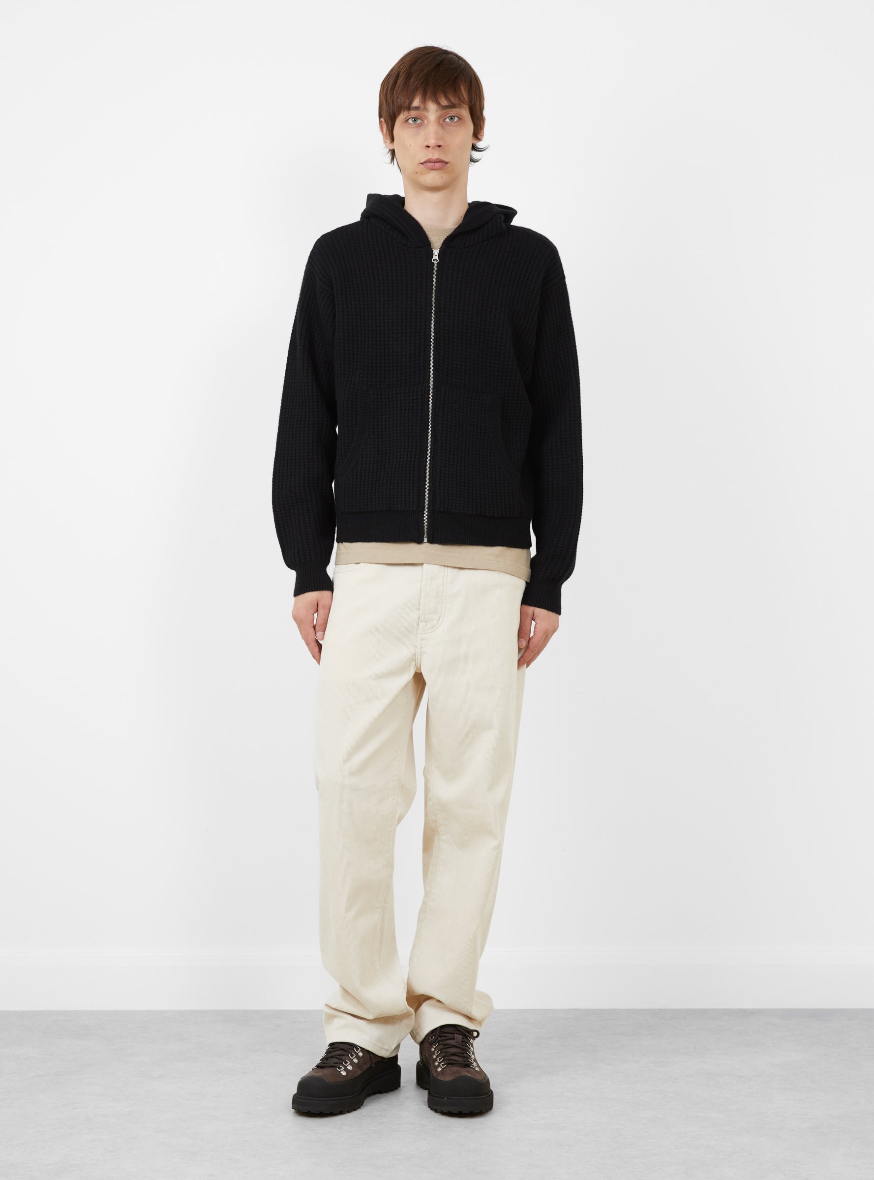 Waffle Cashmere Zip Hoodie Black Stussy (model front) at Couverture & The Garbstore