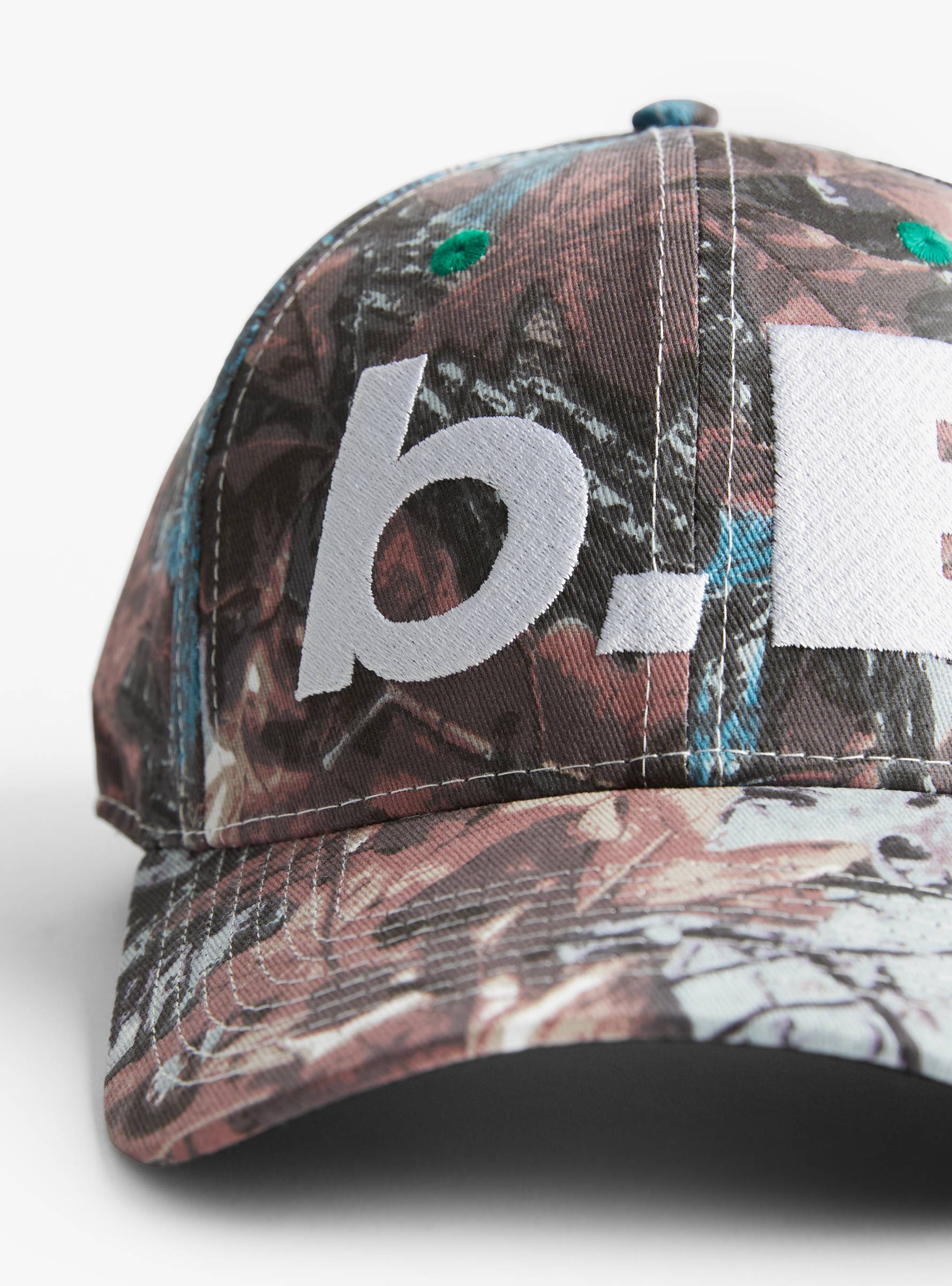 b.E Hat Stone Blue, Real Camo & White B.EAUTIFUL (embroidery detail) at Couverture & The Garbstore