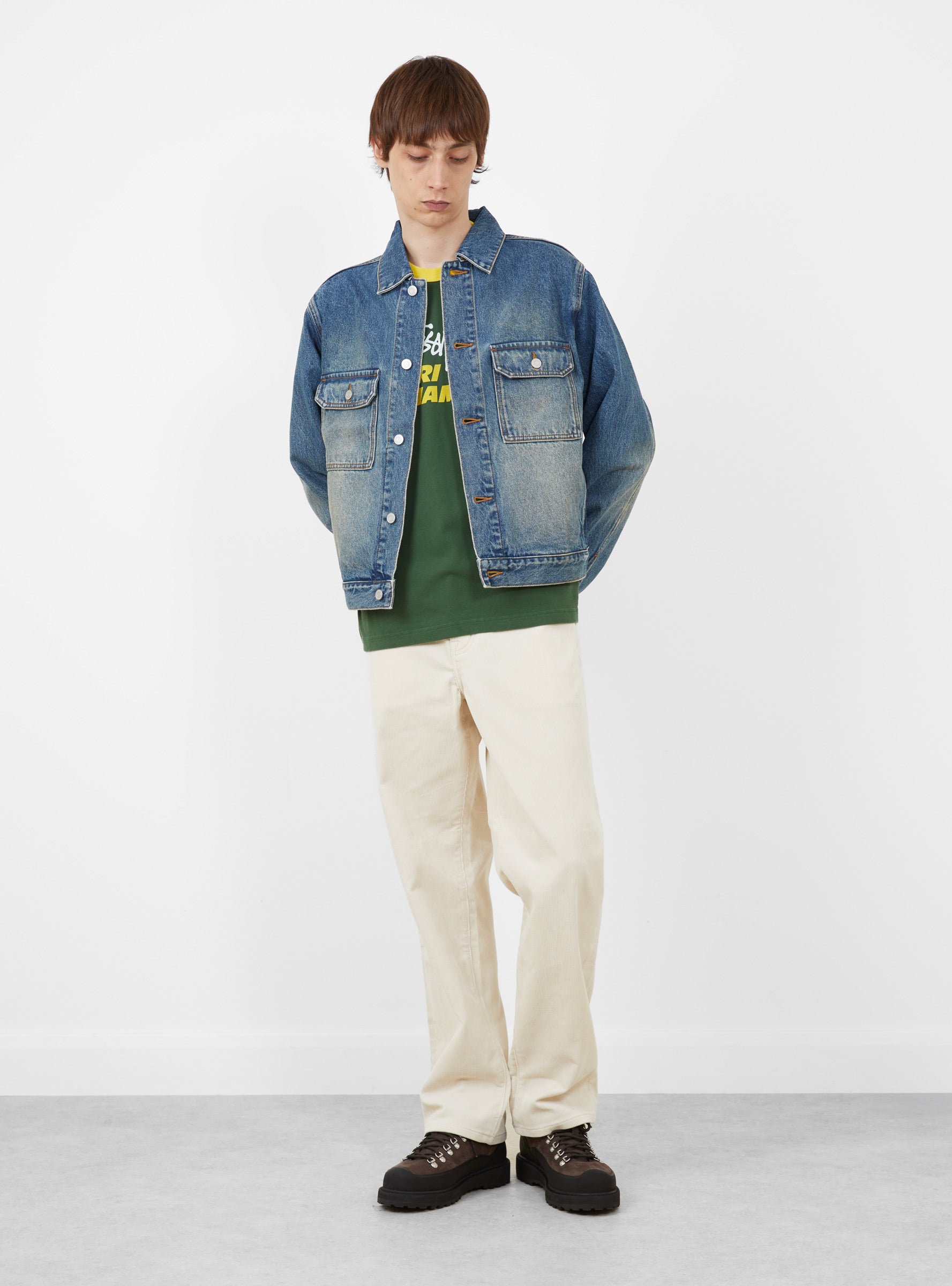 Trucker Denim Dark Wash Indigo Stussy (model front) at Couverture & The Garbstore