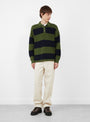 Pique Knit Stripe Rugby Shirt Olive Stussy (model front) at Couverture & The Garbstore