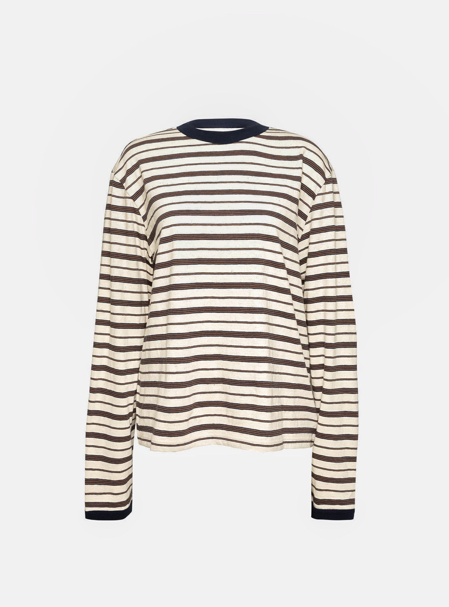Japanese Striped Jersey Long Sleeve T-Shirt Ecru, Navy and Ochre Ecru, Navy and Ochre CAWLEY (ghost front) at Couverture & The Garbstore
